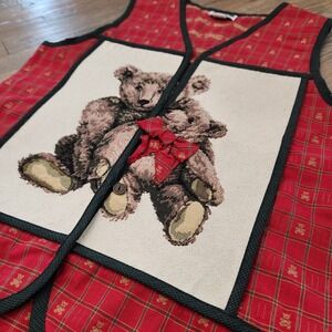 Vintage Hamilton Womens Large Christmas Teddy Bear Bow Red Green Embroidery Vest
